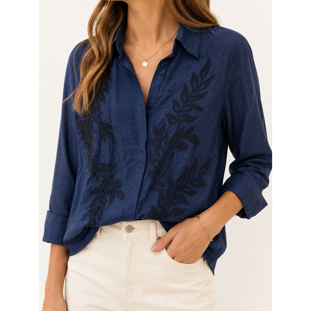 Worthington Blue Embroidered Lyocell Linen‎ Button Up Blouse Small Cottagecore